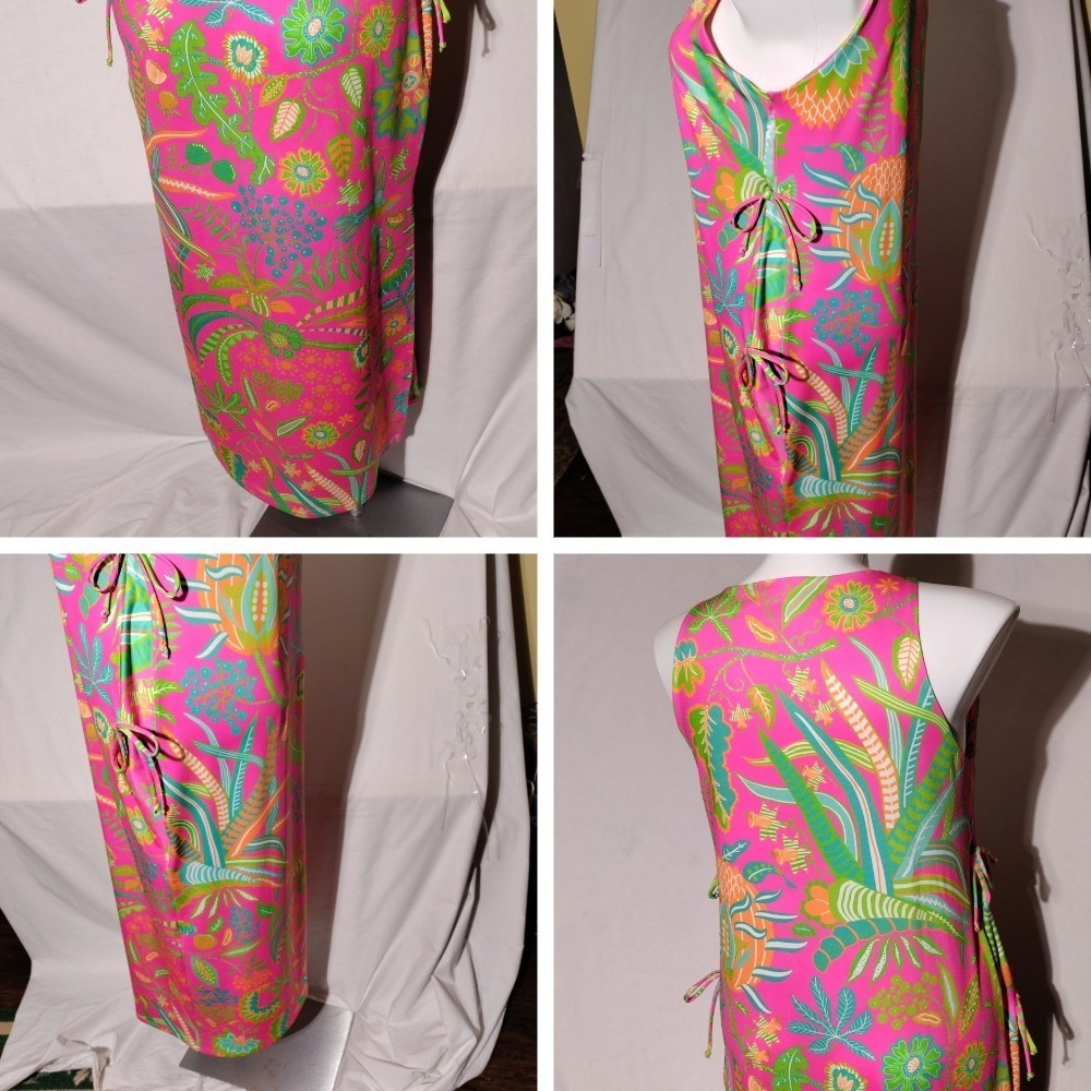 Gretchen Scott XL Pink Hummingbird Heaven Side Tie Sleeveless Maxi Dress Slit - Picture 7 of 10
